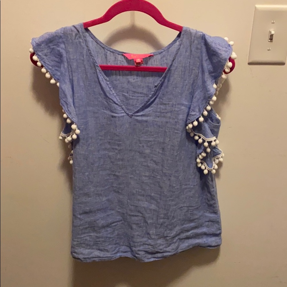 Lilly Pulitzer Light Blue Pom-Pom Sleeve Linen Top